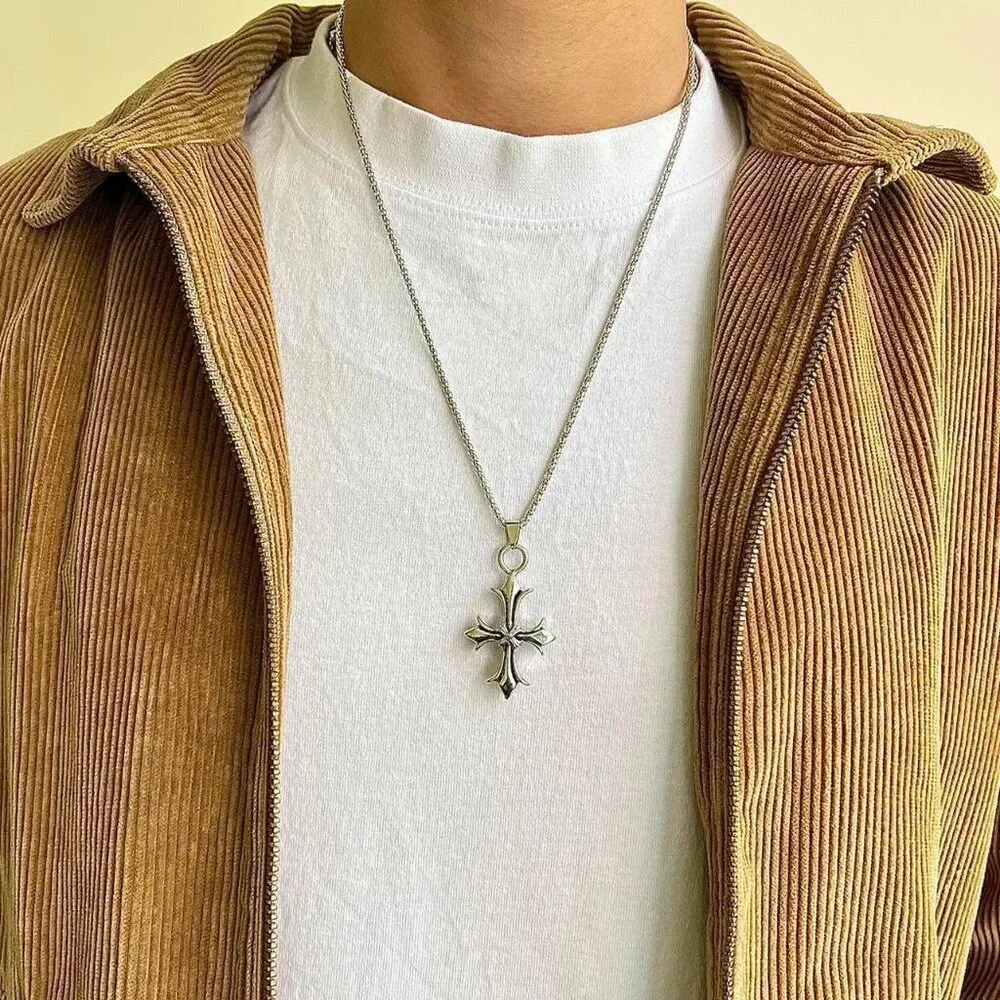 y2k 2000s vintage style heavy metal punk gothic emo cross pendant chain necklace